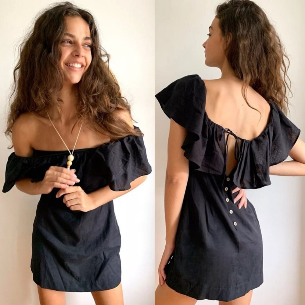 FREE PEOPLE Girl Crush Black Cotton Linen Ruffle Mini Dress XS Open Back Beachy